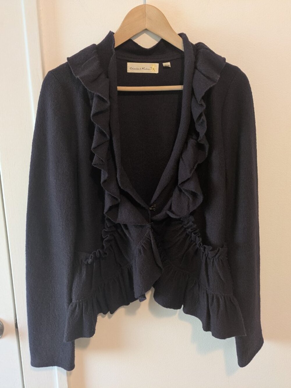 Anthropologie Charlie & Robin Dark Purple Wrapped in Ruffles Cardigan - Picture 2 of 16